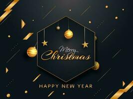 calligraphie de joyeux Noël avec pendaison d'or boules, étoiles et abstrait éléments décoré sur noir Contexte pour Nouveau année fête. vecteur