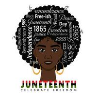 le dix-juin. célébrer liberté. typographique illustration avec africain femme et mots symbolisant africain américain nationale indépendance journée. vecteur illustration sur une blanc Contexte