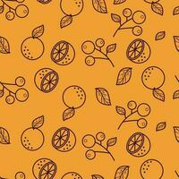 main tiré ligne art des fruits sans couture modèle citrons, tranche de citrons, et baie vecteur