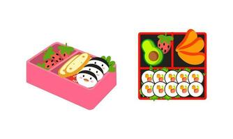 bento boîte logo. Japonais le déjeuner boîte. divers traditionnel asiatique nourriture dessin animé style vecteur