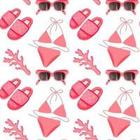 rose sans couture été modèle avec plage éléments tel comme des lunettes de soleil, corail, maillot de bain et chaussons vecteur