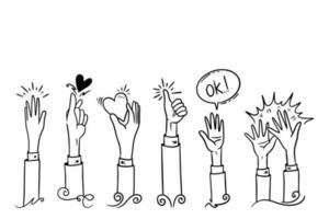 doodle mains en l'air, mains qui applaudissent. gestes d'applaudissements. entreprise de félicitations. illustration vectorielle vecteur