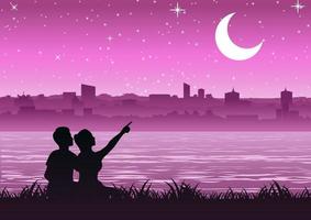 Couple pointant vers la lune au-dessus de la ville près d'une rivière vecteur
