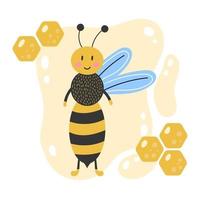 dessin animé mignon abeille dessiné à la main fond jaune avec illustration d'enfants en nid d'abeille vecteur