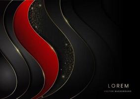 modèle abstrait courbe noir et rouge géométrique avec ligne dorée et point d'or scintillant sur style de luxe fond noir vecteur