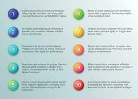 texte avec nombre balles. Dix montrer du doigt paragraphe disposition avec nombre boutons. vecteur infographie modèle