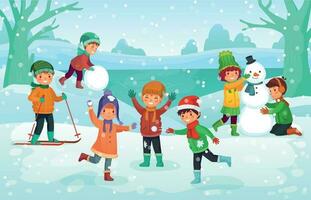 hiver amusement pour enfants. content mignonne les enfants en jouant en plein air dans hivers Chapeaux. Noël hiver vacances dessin animé vecteur illustration