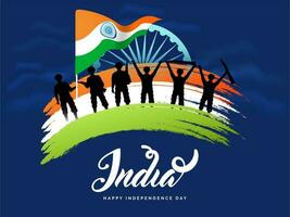 silhouette de soldats célébrer Indien indépendance journée dans de face de roue pour affiche ou bannière conception. vecteur