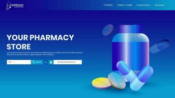 votre pharmacie boutique site Internet page conception avec 3d illustration de ouvert médicament bouteille, capsule et tablette sur bleu Contexte. vecteur