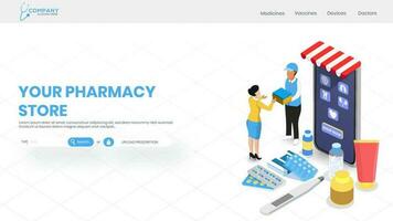 votre pharmacie boutique site Internet conception avec 3d illustration de différent médicament et thermomètre et livraison homme donnant paquet à femme. vecteur