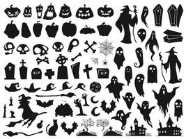 Halloween silhouettes. effrayant mal sorcière, terrifiant la tombe cercueil et sorcier silhouette. citrouille, araignée et fantôme vecteur illustration ensemble