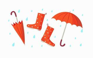 brillant parapluie. pluie, caoutchouc bottes et un parapluie. dessin animé ensemble. griffonnage style. Icônes . vecteur illustration.