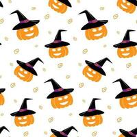 interminable modèle de souriant citrouille dans sorcière chapeau et abstrait élément autour dans branché Halloween teintes vecteur