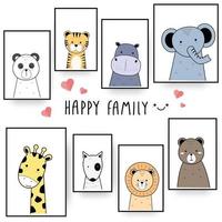 mignon panda tigre hippopotame éléphant girafe chien lion et ours animal portrait dessin animé doodle affiche vecteur