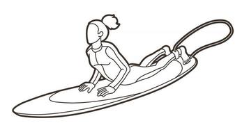 surf sport femme joueur dessin animé contour vecteur