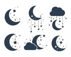 silhouette vecteur du croissant de lune et des étoiles dans le ciel nocturne isolé sur fond