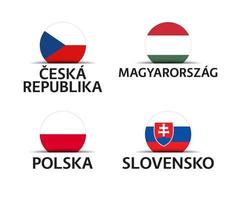 République tchèque Hongrie Pologne et Slovaquie ensemble de quatre autocollants tchèques hongrois polonais et slovaques icônes simples avec des drapeaux isolés sur fond blanc vecteur