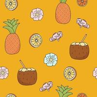 fond de fête avec des oranges lumineuses ananas lait de coco et fleurs le modèle sans couture de vecteur est isolé sur fond jaune