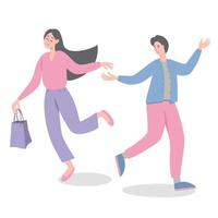 un mec et une fille reviennent du shopping adorable couple marchent ensemble main dans la main date romantique femme et homme heureux adorable couple personnages vector illustration