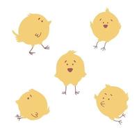 ensemble de dessin animé drôle cinq poulet jaune dans diverses poses mignon et drôle ensemble coloré poulet en cours d'exécution debout assis illustration vectorielle fond blanc isolé vecteur