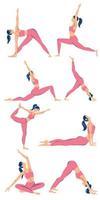 ensemble de mince jeune femme sportive faisant du yoga illustration plat à la mode pose de yoga ensemble collection de personnages de dessins animés féminins démontrant diverses positions de yoga isolées sur fond blanc vecteur