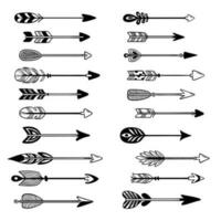aztèque flèches. ornement arc La Flèche avec plume, branché graphique aiguille et tribal pointe de flèche main tiré vecteur ensemble