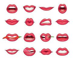 lèvres collection. magnifique fille souriant, embrasser, mordant poivre, Cerise et lèvre avec rouge à lèvres. dessin animé beauté baiser isolé vecteur ensemble