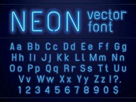 brillant embrasé bleu néon alphabet des lettres et Nombres Police de caractère. vie nocturne divertissements, moderne barres, casino illuminé vecteur panneaux