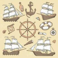 ancien Marin navires. vieux cartouche cadre, navire ancre et mer roue avec ancien boussole. océan voilier rétro vecteur illustration