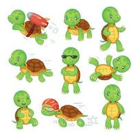 tortue enfant. fonctionnement vite tortue. vert des gamins tortues dessin animé personnages isolé vecteur illustration ensemble