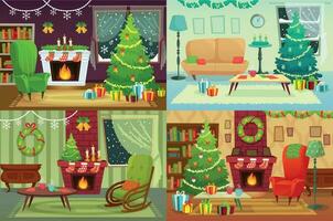 Noël pièce intérieur. Noël Accueil décoration, Père Noël cadeaux en dessous de traditionnel arbre et hiver vacances maison intérieur vecteur illustration