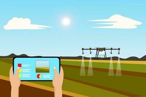 numérique tablette en utilisant robot drone à automatiser irrigation et vaporisateur liquide engrais de agricole champ. agriculture innovation La technologie ou intelligent agriculture système concept. vecteur