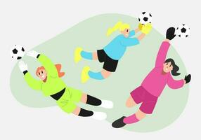 gardien de but les filles essayer à capture football Balle avec différent style, pose, Jersey Couleur en jouant football, football. plat vecteur illustration.