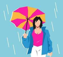magnifique Jeune fille en portant un parapluie. temps concept, chaleur vague, pluie, équipement. dessin animé plat vecteur illustration.