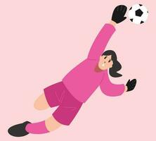 femelle gardien de but en essayant à capture une football balle. en jouant football, football. vecteur plat illustration.