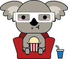 mignonne koala avec 3d des lunettes et pop corn vecteur illustration conception