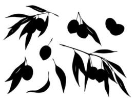 Olives branches silhouette ensemble isolé sur blanc Contexte. noir et blanc nourriture conception éléments vecteur illustration.