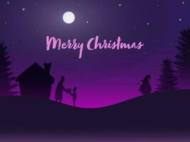 plein lune violet Contexte avec Noël des arbres, loger, bonhomme de neige et Père Noël claus donnant cadeau à peu garçon pour joyeux Noël. vecteur