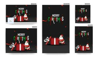 social médias affiche et modèle conception ensemble avec illustration de Père Noël claus pousser une ouvert cadeau boîte sur noir Contexte pour joyeux Noël fête. vecteur