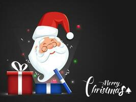 joyeux Noël salutation carte ou affiche conception avec illustration de mignonne Père Noël visage et surprise cadeau boîte sur noir Contexte. vecteur
