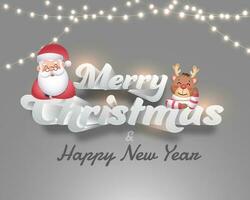 joyeux Noël et content Nouveau année Police de caractère avec dessin animé Père Noël noël, renne personnage et éclairage guirlandes sur gris Contexte. vecteur