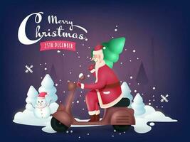 côté vue de de bonne humeur Père Noël équitation scooter avec Noël des arbres, bonhomme de neige et chute de neige sur bleu Contexte pour joyeux Noël. vecteur