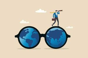 global ou monde affaires vision, international affaires opportunité, recherche pour emploi, carrière ou travail à l'étranger concept, homme d'affaire Regardez par télescope sur lunettes avec monde carte. vecteur