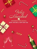 joyeux Noël et content Nouveau année écrit Espagnol Langue avec Haut vue cadeau des boites, Champagne bouteille et à votre santé des lunettes sur rouge Contexte. vecteur
