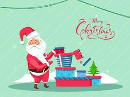 calligraphie de joyeux Noël avec Père Noël claus en présentant cadeau des boites et Noël arbre sur vert bande Contexte pour fête concept. vecteur