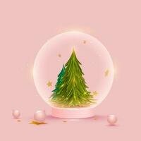 Noël arbre à l'intérieur globe avec 3d babioles sur rose Contexte. vecteur