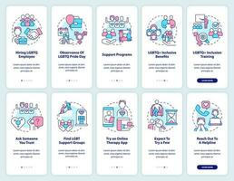 lgbtqi lieu de travail et thérapeute l'intégration mobile app écrans ensemble. procédure pas à pas 5 pas modifiable graphique instructions avec linéaire concepts. interface utilisateur, ux, gui modèle vecteur