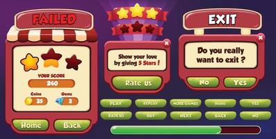 Scène de menu de jeu de sélection de niveau avec barre de chargement de boutons et étoiles pro vecteur