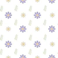 Motif floral sans soudure de vecteur de marguerites fleurs blanches et violettes avec des feuilles vertes sur fond transparent