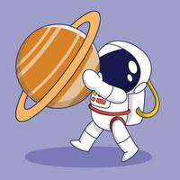 mignonne dessin animé astronaute porter une planète. vecteur illustration dans dessin animé style.